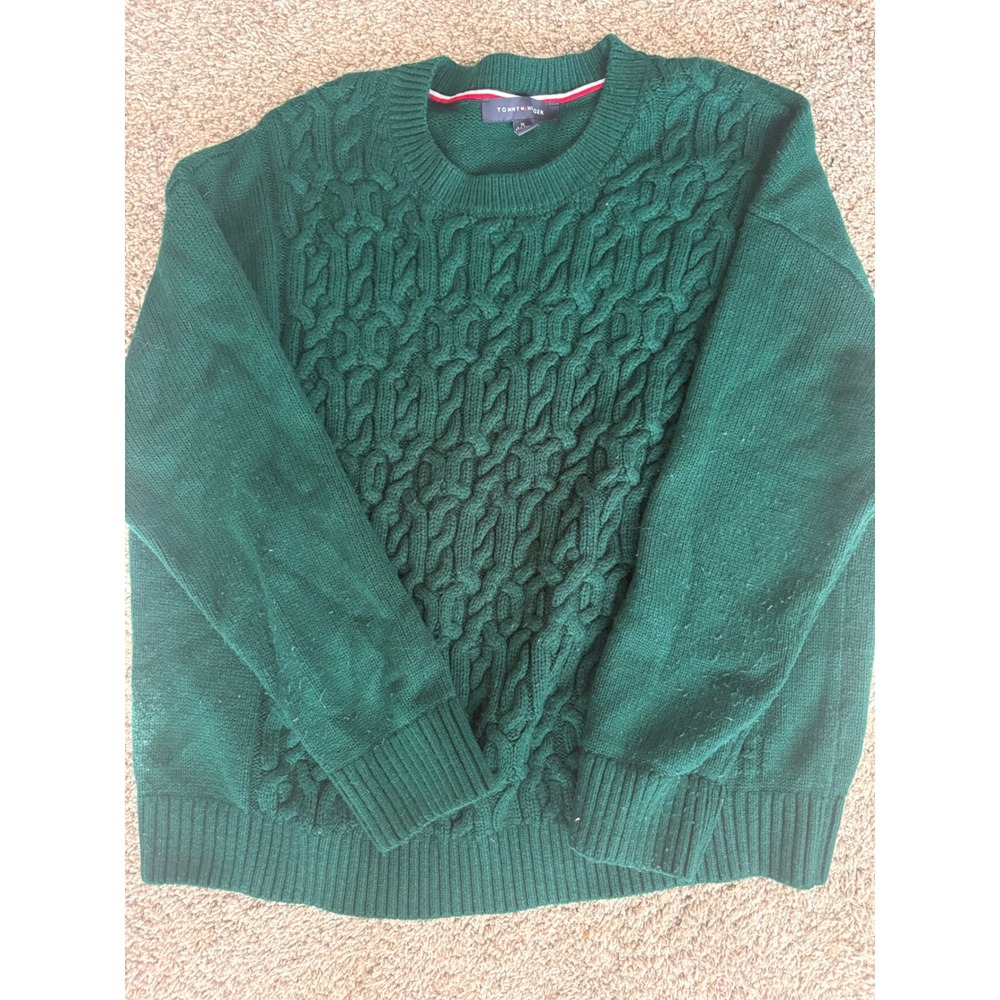 Tommy Hilfiger Womens XL Green Cable Knit Crewneck Sweater Long Sleeve Preppy